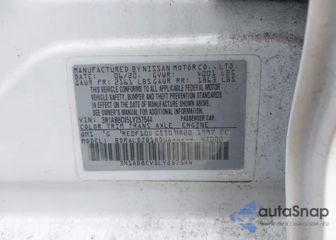 2020 Nissan Sentra Sv Xtronic Cvt z USA, uszkodzony, nr VIN 3N1AB8CV5LY257544